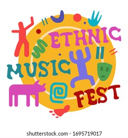 Music festivals emblem, invitation for event, party, concert. Ethnic music festival badge, label, logo, sign, symbol. Vector illustration. Design concept image.