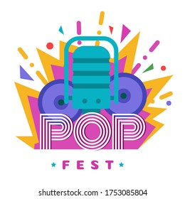Music festivals emblem, invitation for event, party, concert. POP music festival badge, label, logo, sign, symbol. Vector illustration. Design concept image.