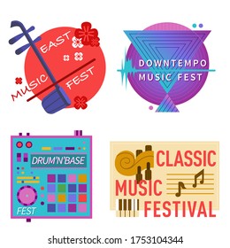 Music festivals emblem set, invitation for event. Jazz fest, Pop, Blues, Ethnic, Chanson, Trance, Downtempo, Drum n bass, Classic fest, Techno, IDM, Raggae, Hip Hop, East music festival. Vector badge