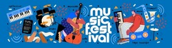 Music Festival.Vector Illustrations Of Musicians, People And Musical Instruments: Drums, Cello, Synthesizer, Tape Recorder For Poster, Flyer Or Background