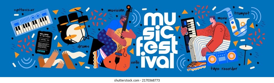 Music festival.Vector illustrations of musicians, people and musical instruments: drums, cello, synthesizer, tape recorder for poster, flyer or background - Shutterstock ID 2170368773