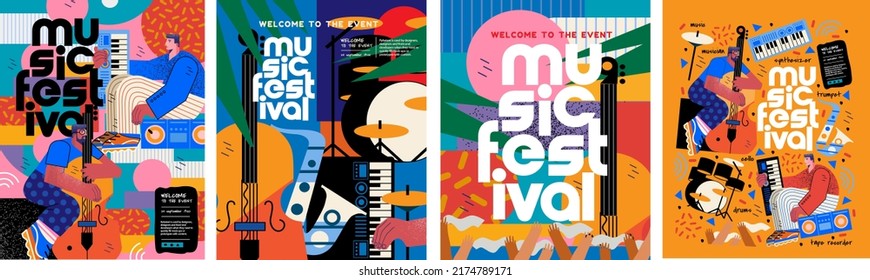 Music festival.Vector illustrations of musicians, people and musical instruments: drums, cello, synthesizer, tape recorder for poster, flyer or background