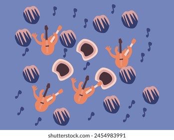 Music festival.Vector illustrations of musicians, people and musical instruments: drums, cello, synthesizer, tape recorder for poster, flyer or background fest design event
