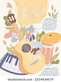 Music festival.Vector illustrations of musicians, people and musical instruments: drums, synthesizer and other musical instruments. 