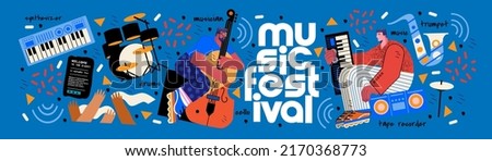 Music festival.Vector illustrations of musicians, people and musical instruments: drums, cello, synthesizer, tape recorder for poster, flyer or background 商業照片 © 