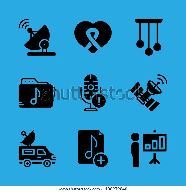 music file,\
chandelier, satellite, music folder, microphone, presentation, van,\
satellite dish and awareness ribbon inside a heart vector icon.\
Simple icons set