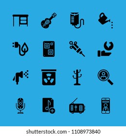 music file, desktop, radio, drop counter, speaker, ecology, chemical, watering and watering can vector icon. Simple icons set