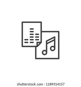 Music file document outline icon. linear style sign for mobile concept and web design. music play list simple line vector icon. Symbol, logo illustration. Pixel perfect vector graphics