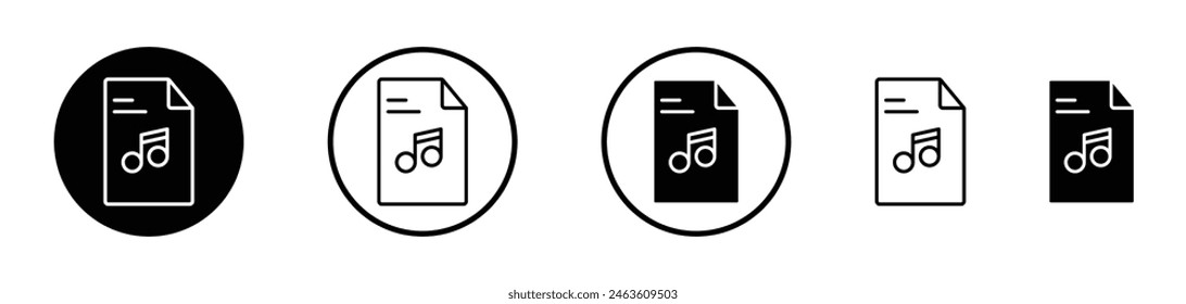 Music file icon set. Vector symbols for music audio files, MP3 downloads, and song pictograms.