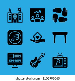 music file, table, television, presentation, supportive hands, electric guitar, shelter, building and television vector icon. Simple icons set