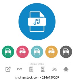 Archivo de música tipear iconos blancos planos en fondos de color redondo. 6 iconos de bonificación incluidos.