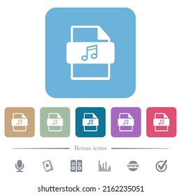 Music file type white flat icons on color rounded square backgrounds. 6 bonus icons included