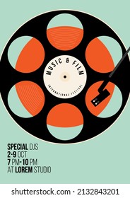 Music and film poster design template background with film reel and vinyl record. Can be used for backdrop, banner, brochure, leaflet, flyer, print, publication, vector illustration