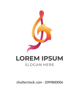plantilla de logotipo de incendio de música, nota musical y fuego, logotipo combinado con estilo de color rojo y naranja 3d