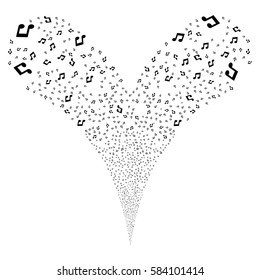 Music fireworks stream. Vector illustration style is flat black iconic symbols on a white background. Object double fountain organized from random pictograms.