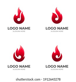 music flame logo, fire and music note, combination logo with 3d red color style