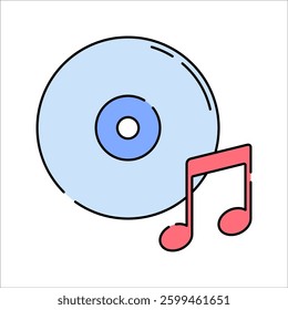 Music Flat design style, a blue CD with a red music note, symbolizing songs and playlists, perfect for music streaming, event entertainment, and album covers.