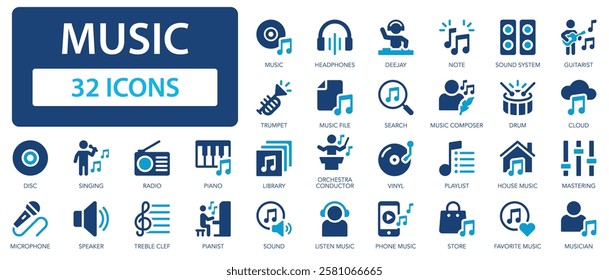 Music flat icons collection. Deejay, note, piano, guitarist, instrument, radio, drum, cloud, library, singing, disc, microphone, vinyl record sign set.