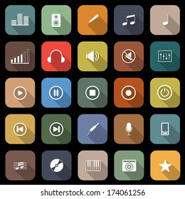 Music flat icons with long shadow, stock vector