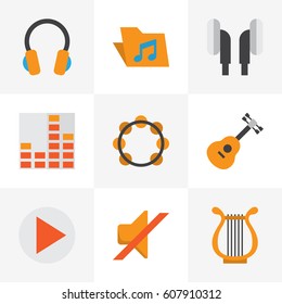 Music Flat Icons Set. Collection Of Sonata, Button, Controlling And Other Elements. Also Includes Symbols Such As Earmuff, Volume, Philharmonic.