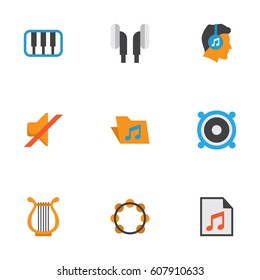 Music Flat Icons Set. Collection Of Portfolio, Earpiece, Male And Other Elements. Also Includes Symbols Such As Philharmonic, List, Music.