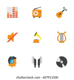 Music Flat Icons Set. Collection Of Male, Shellac, Quiet And Other Elements. Also Includes Symbols Such As Instrument, Sonata, Volume.