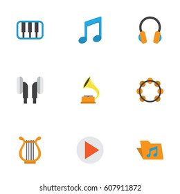 Music Flat Icons Set. Collection Of Earpiece, Sonata, Button And Other Elements. Also Includes Symbols Such As Earmuff, Headphone, Archive.