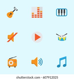 Music Flat Icons Set. Collection Of Audio, Controlling, Quiet And Other Elements. Also Includes Symbols Such As Controlling, Band, Radio.