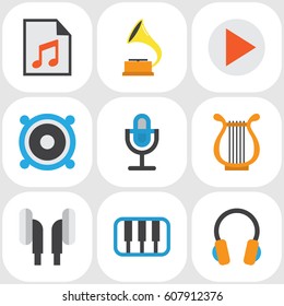 Music Flat Icons Set. Collection Of Media, Loudspeaker, Sonata And Other Elements. Also Includes Symbols Such As Earpiece, Megaphone, Media.