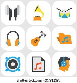 Music Flat Icons Set. Collection Of Loudspeaker, Band, Shellac Elements. Also Includes Symbols Such As Earpiece, Media, Guitar.