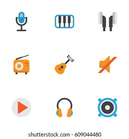 Music Flat Icons Set. Collection Of Earpiece, Broadcasting, Karaoke And Other Elements. Also Includes Symbols Such As Earpiece, Synthesizer, Piano.