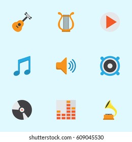 Music Flat Icons Set. Collection Of Tone, Acoustic, Shellac And Other Elements. Also Includes Symbols Such As Note, Volume, Tone.