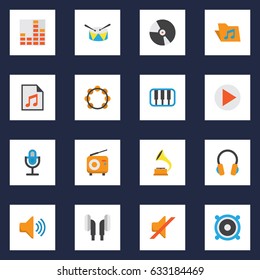 Music Flat Icons Set. Collection Of Quiet, Earpiece, Loudspeaker And Other Elements. Also Includes Symbols Such As Button, Volume, Pianoforte.