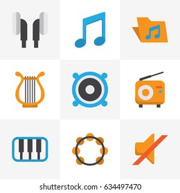 Music Flat Icons Set. Collection Of Earpiece, Loudspeaker, Quiet And Other Elements. Also Includes Symbols Such As Samba, Sonata, Quiet.