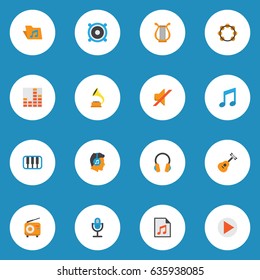 Music Flat Icons Set. Collection Of Controlling, Shellac, Pianoforte And Other Elements. Also Includes Symbols Such As Gramophone, Earpiece, Rhythm.