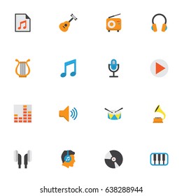 Music Flat Icons Set. Collection Of Male, Acoustic, Button And Other Elements. Also Includes Symbols Such As Guitar, Volume, Gramophone.