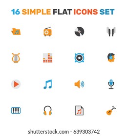 Music Flat Icons Set. Collection Of Ear Muffs, Controlling, Portfolio And Other Elements. Also Includes Symbols Such As Karaoke, Microphone, Disk.