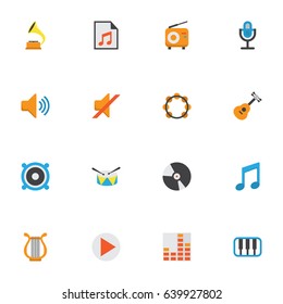 Music Flat Icons Set. Collection Of Band, Sonata, Shellac Elements. Also Includes Symbols Such As Instrument, Bullhorn, Quiet.