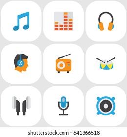 Music Flat Icons Set. Collection Of Male, Band, Ear Muffs Elements. Also Includes Symbols Such As Headphone, Male, Equalizer.