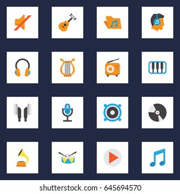 Music Flat Icons Set. Collection Of Broadcasting, Shellac, Button And Other Elements. Also Includes Symbols Such As Disk, Tone, Radio.