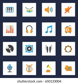 Music Flat Icons Set. Collection Of Pianoforte, Loudspeaker, Broadcasting And Other Elements. Also Includes Symbols Such As Piano, Drum, Tambourine.
