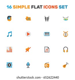 Music Flat Icons Set. Collection Of Acoustic, Karaoke, Controlling And Other Elements. Also Includes Symbols Such As Radio, Microphone, Earmuff.