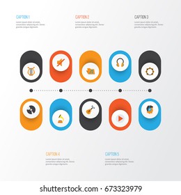 Music Flat Icons Set. Collection Of Button, Portfolio, Ear Muffs And Other Elements. Also Includes Symbols Such As Quiet, Earmuff, Disk.