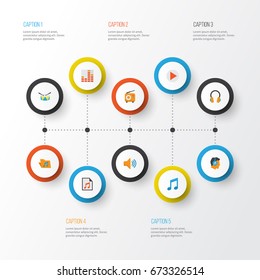 Music Flat Icons Set. Collection Of Audio, Controlling, Portfolio And Other Elements. Also Includes Symbols Such As Drum, Portfolio, Volume.