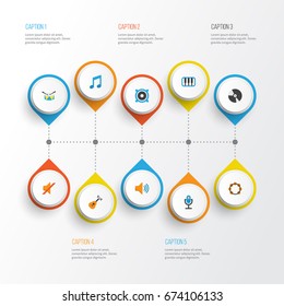 Music Flat Icons Set. Collection Of Loudspeaker, Pianoforte, Karaoke And Other Elements. Also Includes Symbols Such As Samba, Tambourine, Quiet.