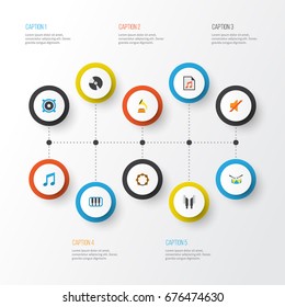 Music Flat Icons Set. Collection Of Loudspeaker, Earpiece, Pianoforte And Other Elements. Also Includes Symbols Such As Volume, Rhythm, Percussion.