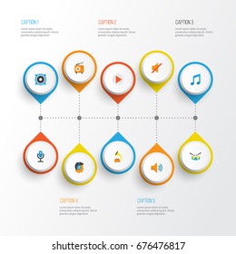 Music Flat Icons Set. Collection Of Karaoke, Loudspeaker, Audio And Other Elements. Also Includes Symbols Such As Bullhorn, Voice, Gramophone.