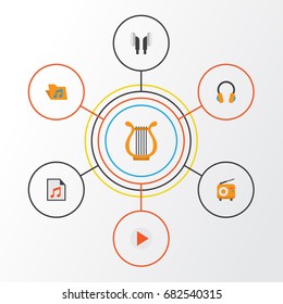Music Flat Icons Set. Collection Of Broadcasting, Ear Muffs, Portfolio And Other Elements. Also Includes Symbols Such As Begin, Headphone, Radio.