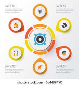 Music Flat Icons Set. Collection Of Broadcasting, Dj, Loudspeaker And Other Elements. Also Includes Symbols Such As Disk, Fm, Bullhorn.