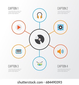 Music Flat Icons Set. Collection Of Dj, Button, Ear Muffs And Other Elements. Also Includes Symbols Such As Loudspeaker, Dj, Synthesizer.